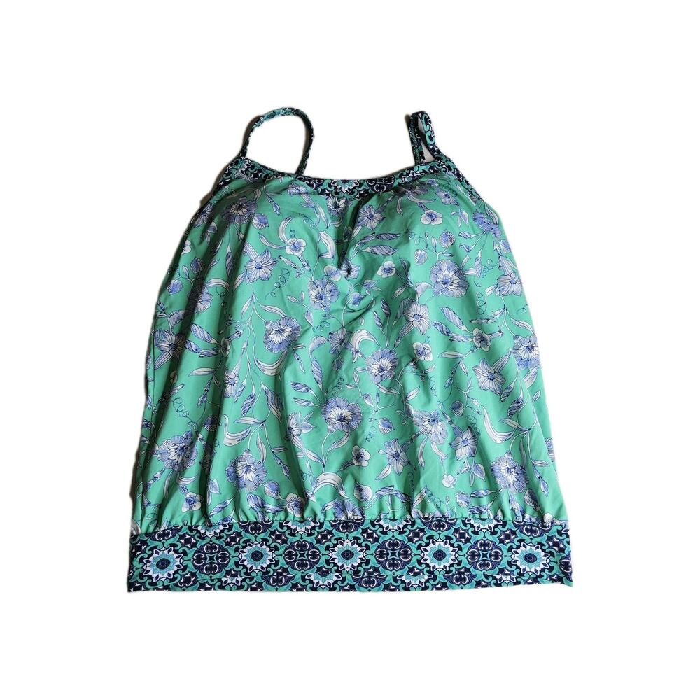 Lands' End Blouson Soft Cup Sz 12 Tankini Grenn Blue Florals Coastal Summer